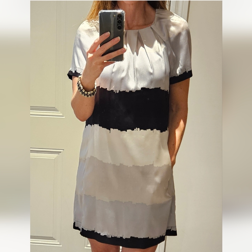 BCBGMaxAzria White and Black Puff Sleeve Mini Dress
